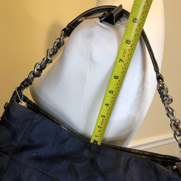 COACH Navy Blue Glitter Signature C Silver Braided Shoulder Bag w Blue Interior - Picture 11 of 14